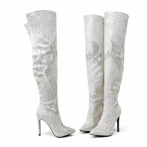 Fire Cream White & Silver Rhinestone Flame Detail Sexy High Heel OTK Thigh Boots